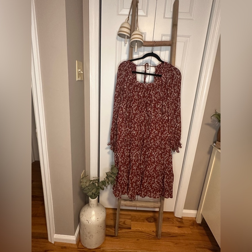 Chic Soul Rust Floral Long Sleeve Tiered Dress